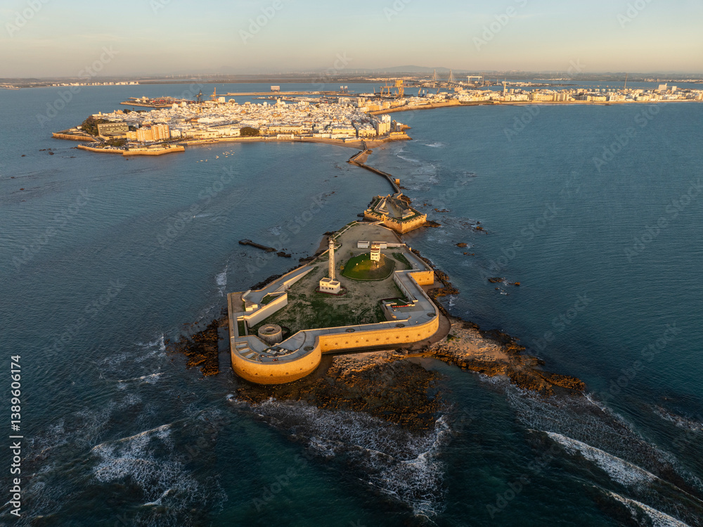 Aerial view of the Castle of San Sebastian in Cadiz at Sunset Time. Beautiful Fort in Mediterranean Sea. Cadiz, Spain.