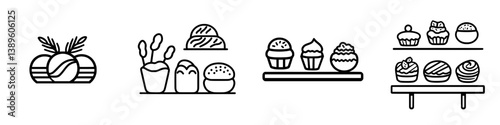 Minimalist vector line icons showcasing a variety of baked goods and desserts including cupcakes, pastries, and decorative items