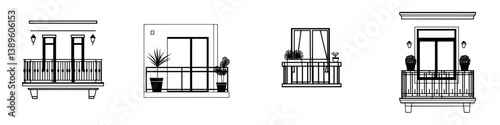Minimalist line icons depicting various balcony designs with plants and decorative elements