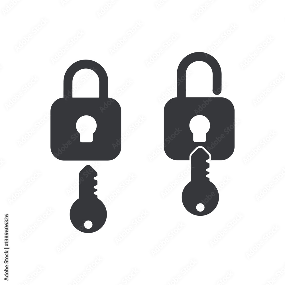 Isolated bundle icon with a padlock in locked and unlocked states, representing security and password protection symbols Isolated bundle icon with a padlock in locked and unlocked states, representing security and password protection symbols