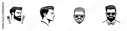 Collection of minimalist line icons showcasing various male hairstyles and grooming styles for modern design