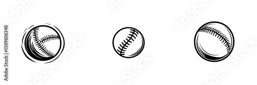 Vector minimalist line icons depicting various baseball designs in a simple, modern style suitable for sports-related projects