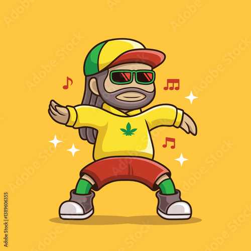 Joyful Rastafarian with long, curly hair dancing to reggae music. Perfect for use as a mascot, sticker, or logo with a vibrant reggae music theme.