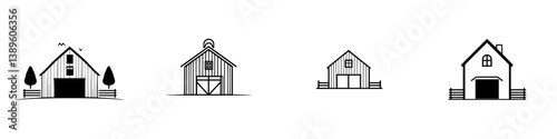 Set of minimalist line icons showcasing various barn designs representing traditional and contemporary styles
