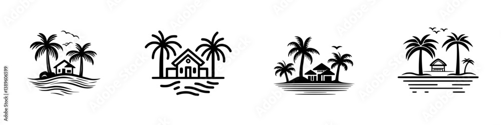 Minimalist vector line icons representing tropical landscapes with palm trees and seaside homes