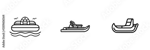 Vector minimalist line icons featuring various types of inflatable boats and rafts for outdoor and nautical activities