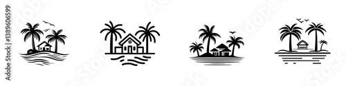 Obraz na płótnie Minimalist vector line icons representing tropical landscapes with palm trees and seaside homes w salonie