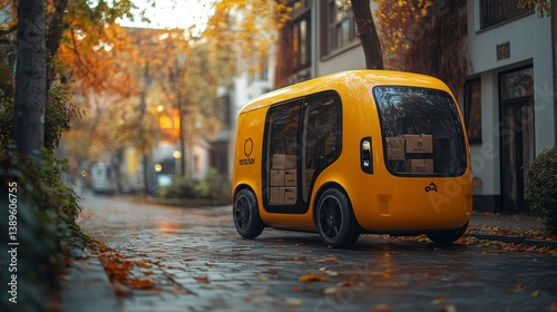 A bright yellow autonomous delivery vehicle makes its way down a charming urban street, surrounded by vibrant autumn foliage and neatly arranged packages, showcasing innovative logistics.