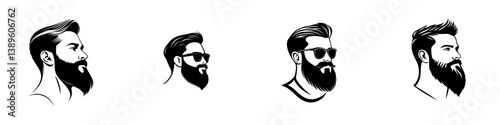 Collection of minimalist line icons depicting various styles of bearded men in profile view during a creative design phase