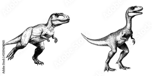 A beige T-rex dinosaur is depicted in a modern cartoon sketch of the prehistoric and extinct tyrannosaurus