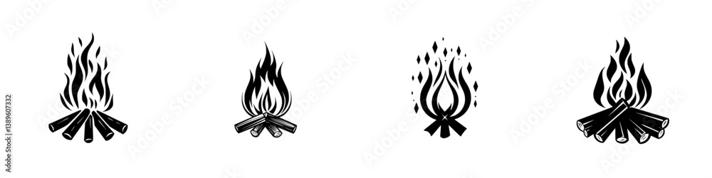Creative set of vector minimalist line icons representing different styles of campfires
