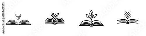 Set of minimalist line icons depicting open books with diverse elements symbolizing knowledge and growth