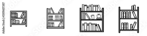 Set of minimalist vector line icons depicting bookshelves in various designs and sizes suitable for modern graphic projects