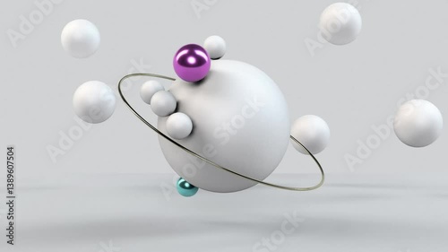 Modern 3D Abstract Floating Balls with Metallic Orbits on White Background