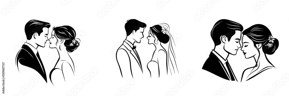 Vector minimalist line icons illustrating romantic couples embracing and sharing intimate moments in a modern artistic style Vector minimalist line icons illustrating romantic couples embracing and sharing intimate moments in a modern artistic style