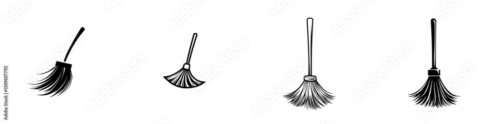 Collection of minimalist line icons representing various broom designs for cleaning tasks and household activities