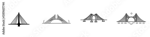 Set of minimalist line icons depicting various bridge designs in a modern vector style for graphic usage