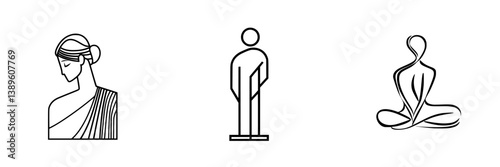 Set of minimalist line icons representing human figures, including a woman, man, and meditative pose, useful for various design applications