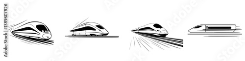 Collection of vector minimalist line icons showcasing different high-speed train designs in motion
