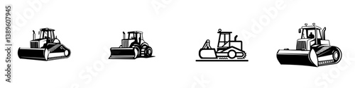 Set of minimalist vector line icons depicting different types of construction vehicles in a simple, modern design