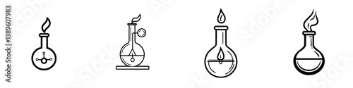 Collection of minimalist line icons depicting laboratory equipment with flame elements in a clean design style