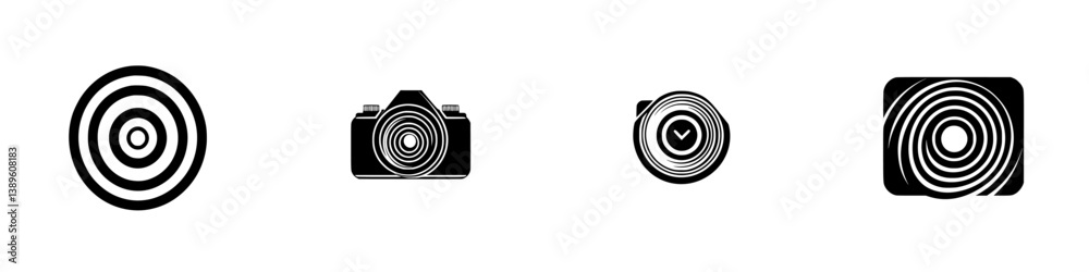 Vector minimalist line icons featuring concentric circles and camera design for creative projects and digital applications Vector minimalist line icons featuring concentric circles and camera design for creative projects and digital applications