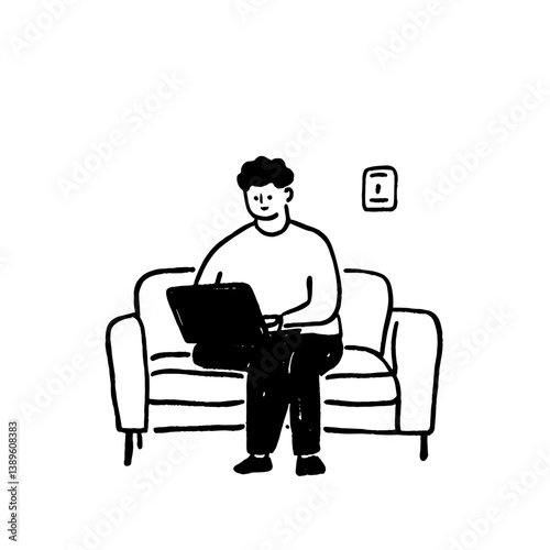 Illustration of smiling person sitting on a couch using a laptop, with a light switch on the wall. Black and white design in simple line art style. No visible text