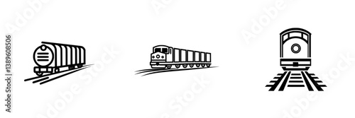 Vector minimalist line icons showcasing trains and railway cars for transportation and logistics themes