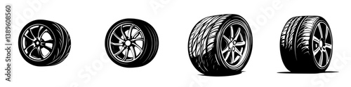 Set of minimalist vector line icons depicting various types of car tires in a sleek and modern style for automotive design