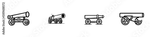 Minimalist line icons showcasing various styles of cannons in a vector format for simple and clean design applications
