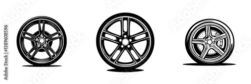 Vector minimalist line icons showcasing a set of three distinct automotive wheels designed for modern car aesthetics
