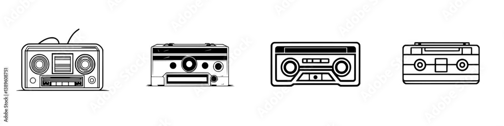 Collection of minimalist line icons representing retro audio devices for creative design projects and digital applications Collection of minimalist line icons representing retro audio devices for creative design projects and digital applications