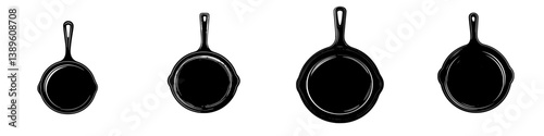 Set of minimalist line icons depicting various sizes of frying pans for kitchen and cooking design use