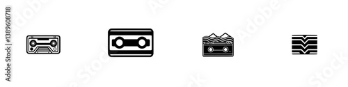 Minimalist vector line icons depicting various vintage cassette tapes in different styles and designs crafted for creative projects