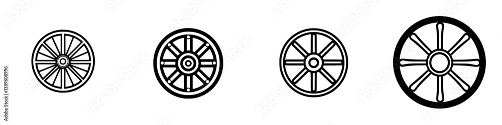 Collection of minimalist line icons depicting various wheel designs for graphic and digital use Collection of minimalist line icons depicting various wheel designs for graphic and digital use