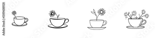 Minimalist line icons of cups with flowers showcasing creativity and simplicity in design elements for various applications