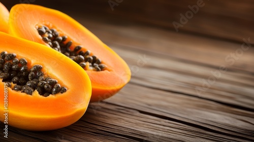 Freshly cut papaya halves displaying vibrant orange flesh and black seeds on rustic wooden table