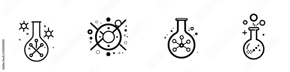 Collection of minimalist line icons depicting laboratory flasks and scientific elements for educational materials Collection of minimalist line icons depicting laboratory flasks and scientific elements for educational materials