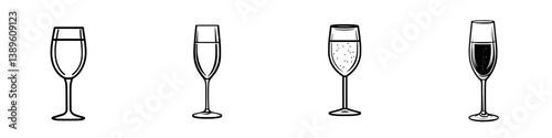 Vector minimalist line icons representing different types of glasses including water, champagne, cocktail, and wine glasses for design use