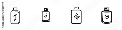 Minimalist line icons depicting various bottle designs for liquid containers and energy sources