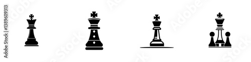 Set of minimalist line icons representing different chess king designs for game-related projects and applications