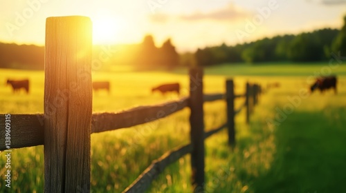Serene sunset over a lush green pasture with grazing cows beside a rustic wooden fence