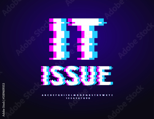 Vector Digital sign IT Issue. Broken Effect Font. Defective set of Uppercase Alphabet Letters and Numbers.