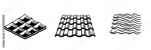 Minimalist vector line icons representing various roof tile designs for construction and architecture projects