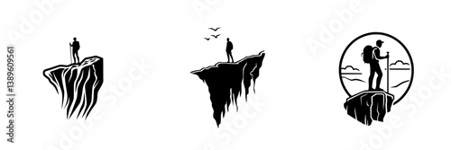 Minimalist line icons depicting outdoor exploration and hiking scenes with individuals standing on cliffs showcasing adventure and nature