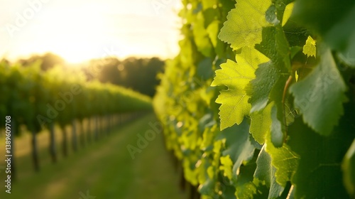 Lush vineyard rows basking in golden sunlight with vibrant green leaves and a tranquil background