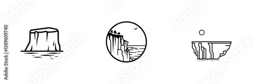 Minimalist line icons collection featuring cliffs, water bodies, and landscapes for creative projects and designs