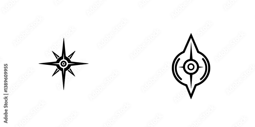 Collection of minimalist line icons depicting compass symbols for navigation and exploration purposes Collection of minimalist line icons depicting compass symbols for navigation and exploration purposes