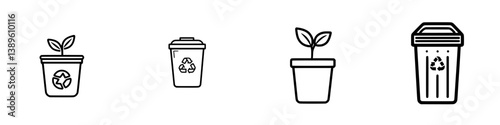 Vector minimalist line icons depicting eco-friendly themes including plants, recycling, and waste management practices