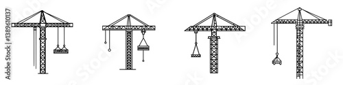 Minimalist line icons representing various crane designs helpful for construction and engineering concepts